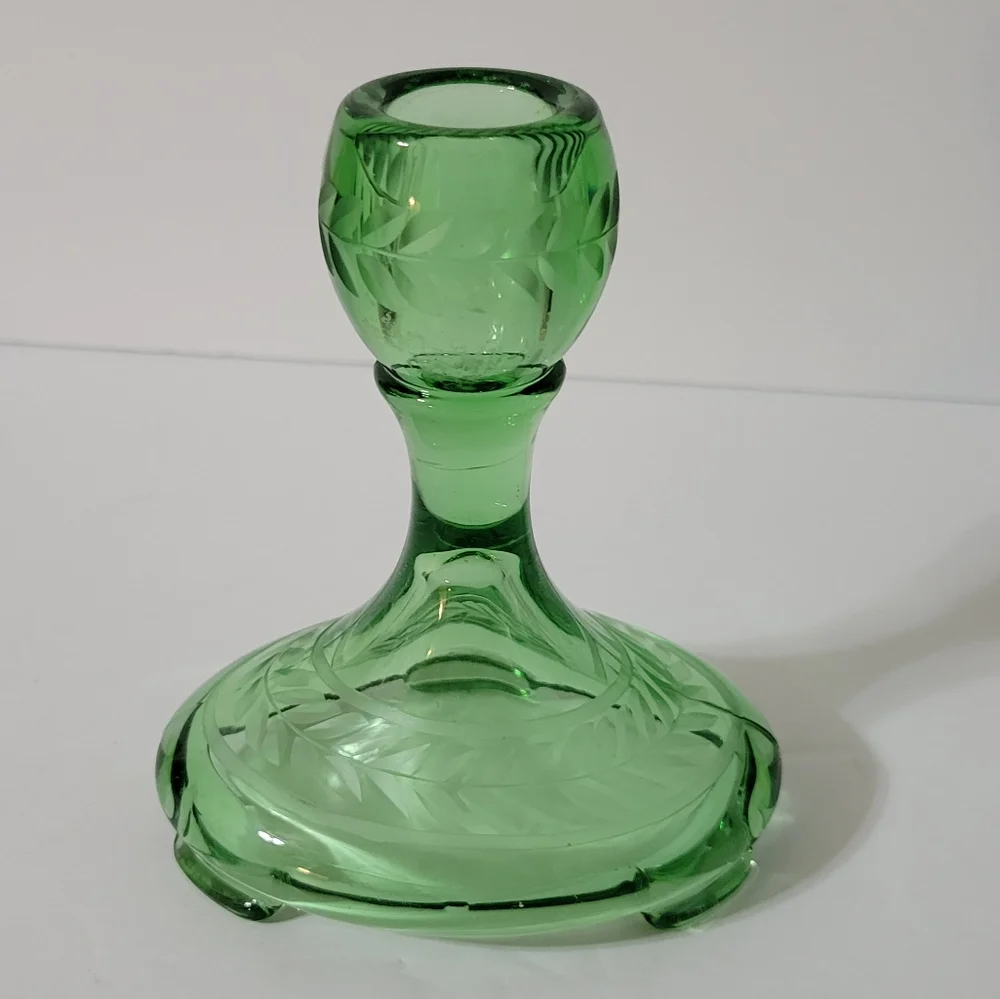 Vintage Fostoria Uranium Glass Candlestick Glowy Glass
